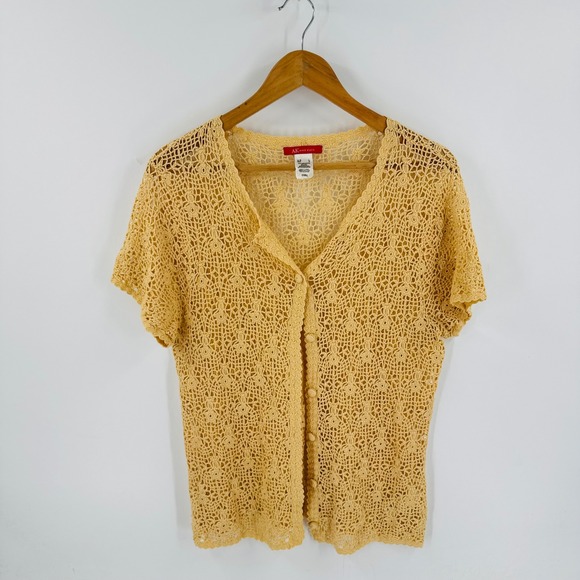 Anne Klein Sweaters - Vintage Crochet Mercerized Cotton Cardigan Size L Boho Grandma Spring Coastal